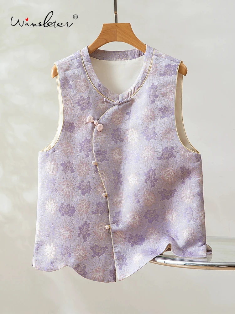 

Winsleter-100%Real Silk Song Brocade Elegant Vest Coat, O Neck Buttons, Women Retro Commute Waistcoat, 2025 Autumn New C5N137CC