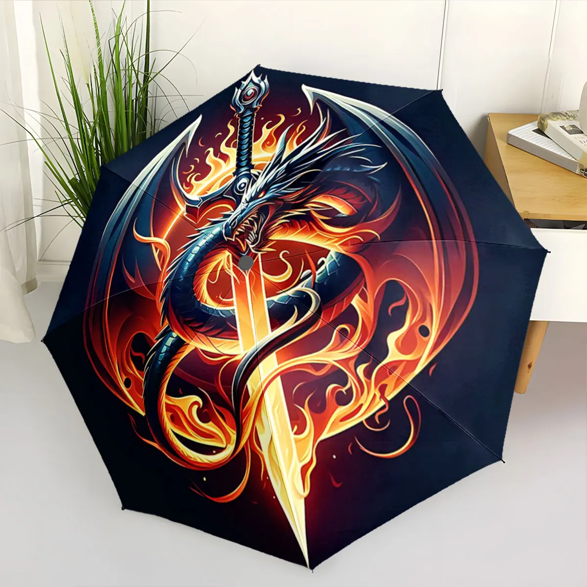 Fiery Dragon Wrapped Around Sword Design Umbrella portable waterproof sun rain umbrella for outdoor travel beach