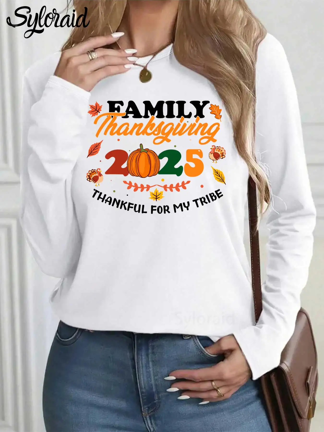 المرأة طويلة الأكمام تي شيرت الشكر الأسرة طاقم 2025 تي شيرت الخريف شمل الأسرة قميص موضة الجولة الرقبة رداء علوي غير رسمي #1