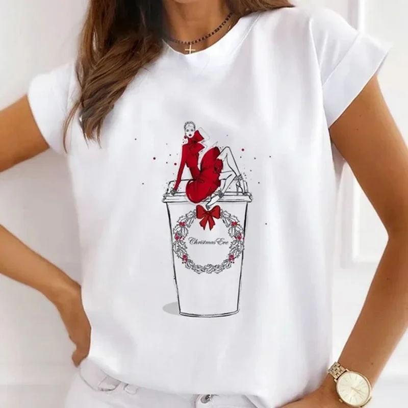 Hot Selling Festival Christmas Gift Printed Short-sleeved Casual Women's T-shirt Crewneck Base Tops Kawaii Clothes Oversized Tee