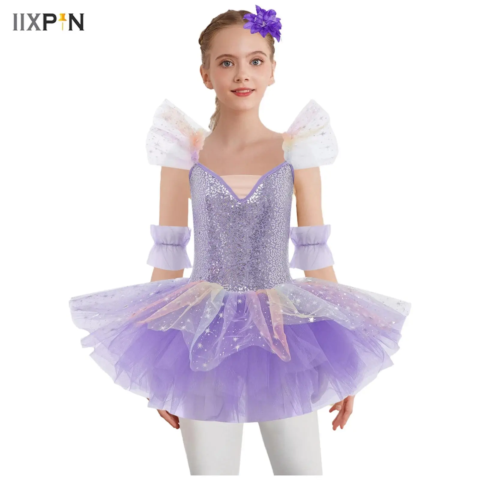 

Kids Girls Ruffled Sleeves Ballet Tutu Dresses Adjustable Shoulder Straps Shiny Sequins Layered Dress with Headwear and Cuffs