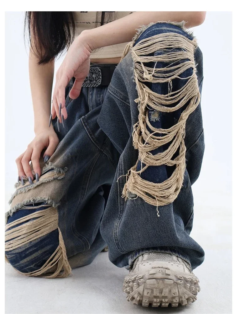 Calça jeans feminina gótica preta, cintura alta, vintage, moda coreana, y2k, rasgada, harajuku, casual, pernas largas, calças jeans