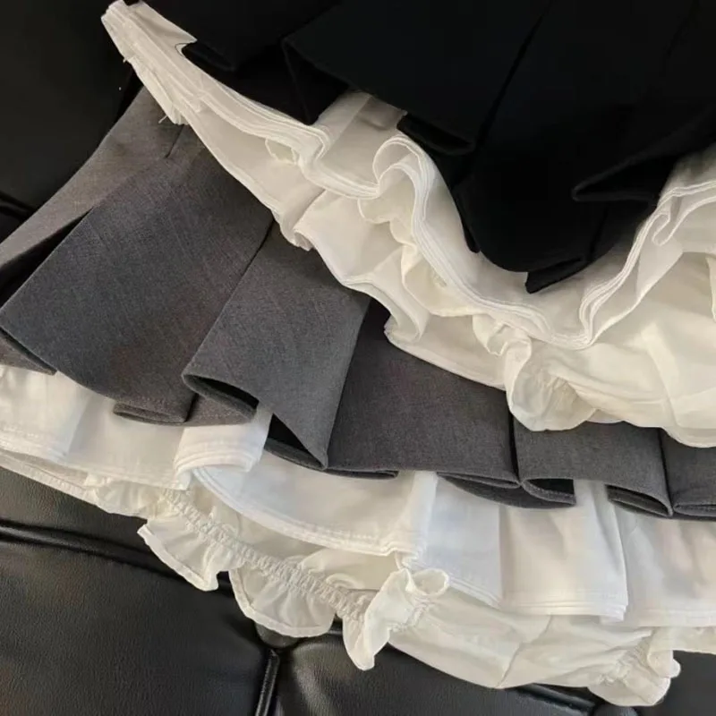 Black Patchwork Pleated Skirts Women Summer Japanese Preppy Ruffles Mini Skirts Y2K High Waist Kawaii All Match A Line Skirts