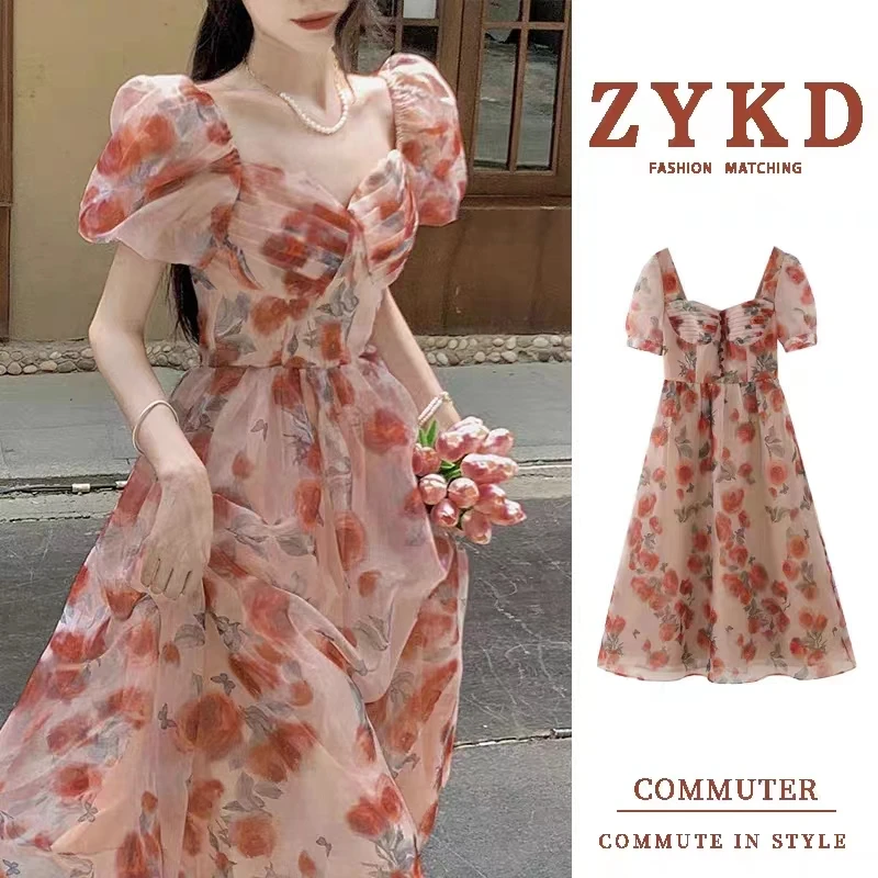 

Dry rose banquet floral dress for women summer dopamine puff sleeve French tea break fairy dress long skirt