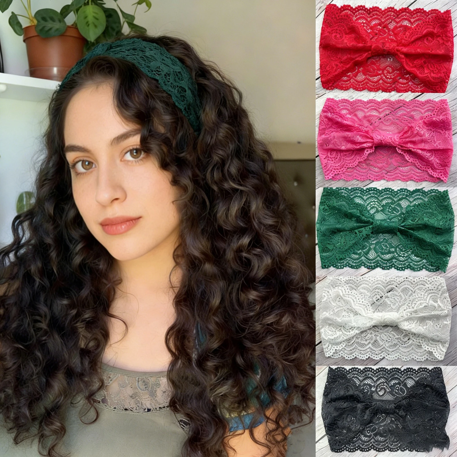 

1PC Lace Bow Headbands For Women Vintage Floral Lace Elastic Wide Head Wraps Boho Hair Bands For Yoga Beach Daily Wear & Party