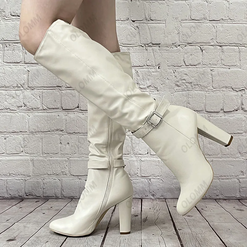 

Olomm Handmade Women Knee High Boots Square High Heels Boots Round Toe Gorgeous Beige Party Shoes Women Plus US Size 5-15