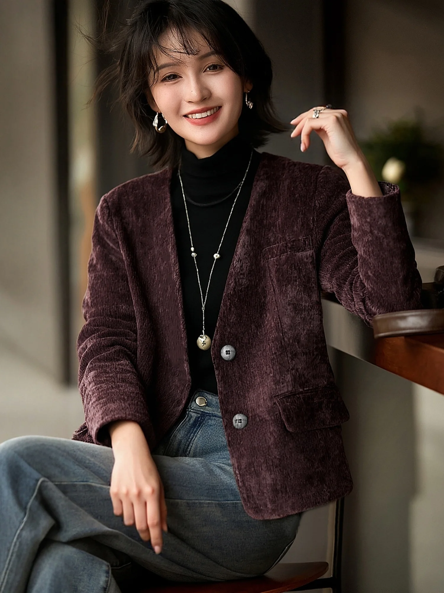 

Chivirin Vintage Velvet Wine Red V-Ne Single Button Women's Fall Winter New Sle Warm ort Coat Casual Outerwear