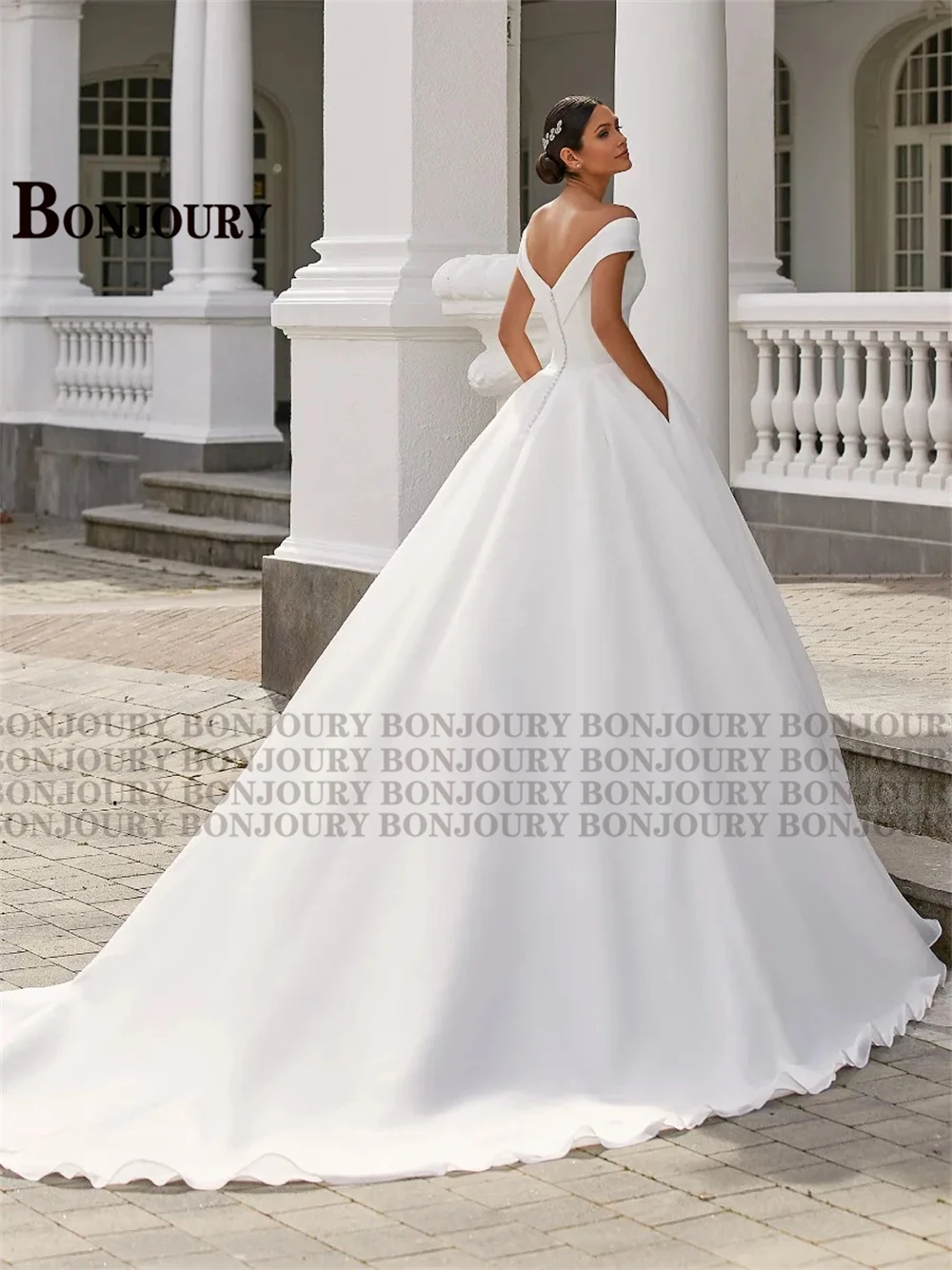 BONJOURY Simple V-neckline Wedding Dress for Woman Bride Satin Pockets Chapel Train Button Vestido De Casamento Drop Shipping