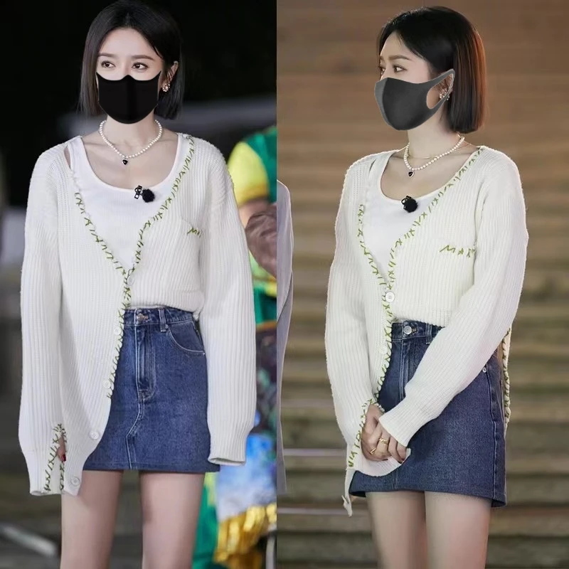 

EXJR Qin Lan Spring Autumn Knitted Sweater V-Neck Cardigan Denim Wrap around Skirt High Waist A-Line Short Skirt