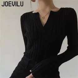 JOEVILU-Jersey de punto con cuello en V para mujer, ropa fina, moda coreana, Y2k, gótico, negro