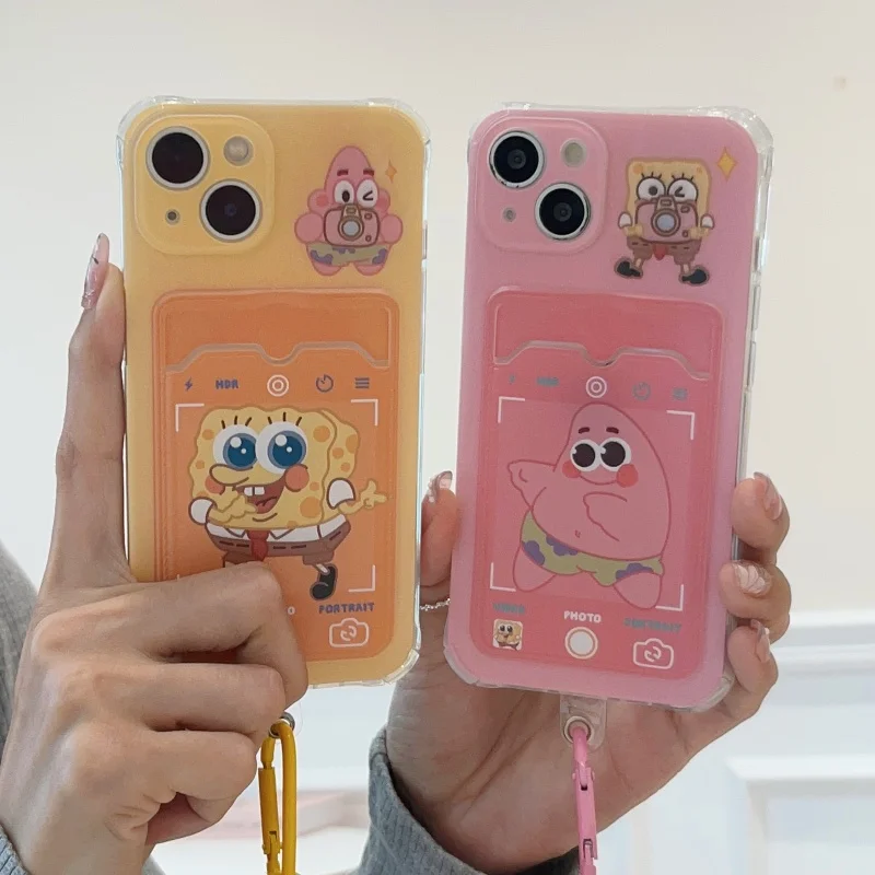 

Cartoon Cute S-SpongeBob P-Patrick Star Wallet card bag Lanyard Phone Case For iPhone 11 12 13 14 15 16Pro Max Furry Wrist Strap