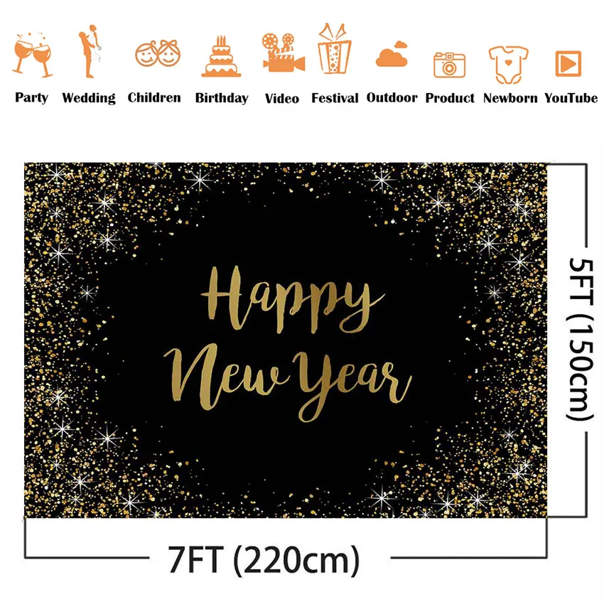 Happy New Year Backdrop Black Glitter Background for Photo Studio Shiny Customize Personalize Photocall Newbron Family Holiday