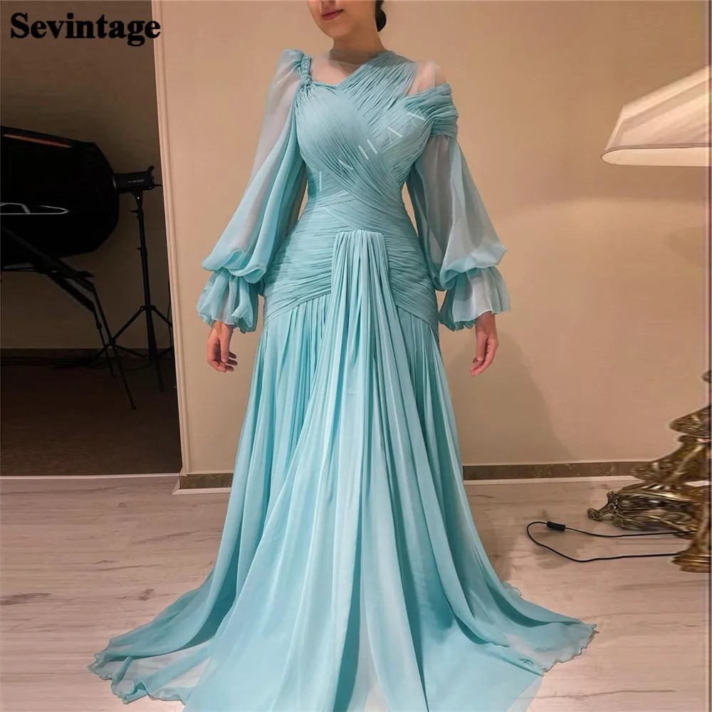 

Sevintage Saudi Arabic Chiffon Prom Dresses Long Puff Sleeves Floor Length Court Train Formal Women Evening Gowns 2023