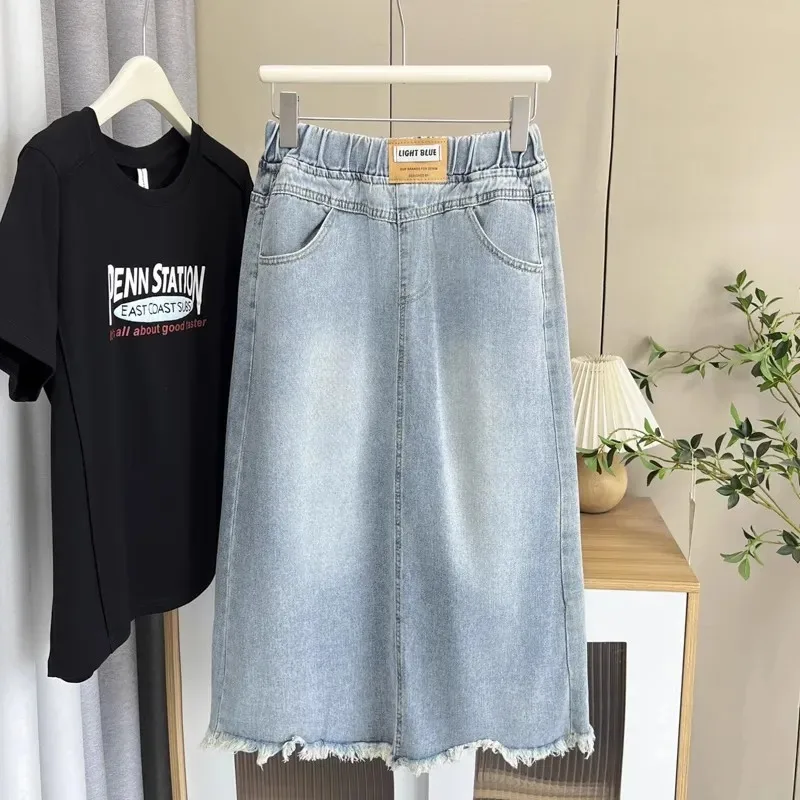 Women's Elastic Waist Denim Midi Skirt Frayed Hem A Line Casual Skirt