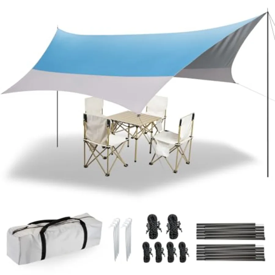 

12X14FT Camping Tarp with 2 Poles UV UPF50+ Lightweight Car Awning Sun Shelter PU3000 Waterproof Tarp for Camping Hiking and Ba