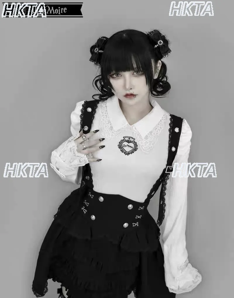 Japonais Harajuku Punk foncé Lolita produit en série maille brodée Patchwork chemise de Base noire hiver nouveau T-Shirt à manches longues haut