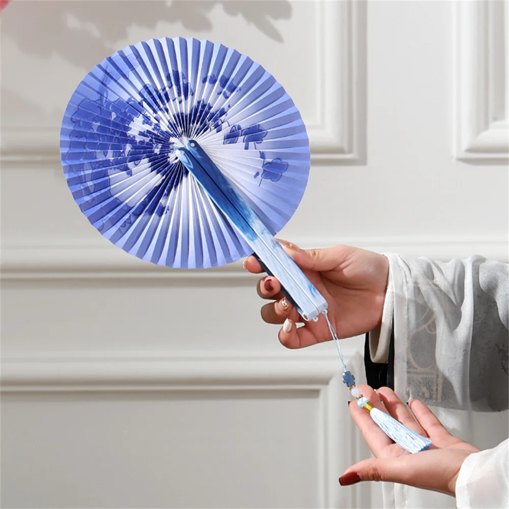 Chinese Ancient Style Round Fan Paper Folding Fans Printing Dance Foldable Hand Held Fan Wedding Party Decor Gift