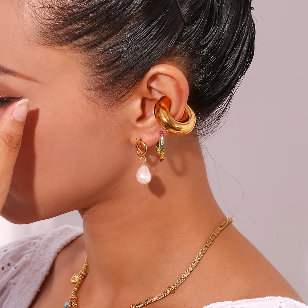 Knot Button Freshwater Pearl Drop Earrings Water Resistant 316L Stainless Steel Jewelry 18K Gold Plated Earrings for Women