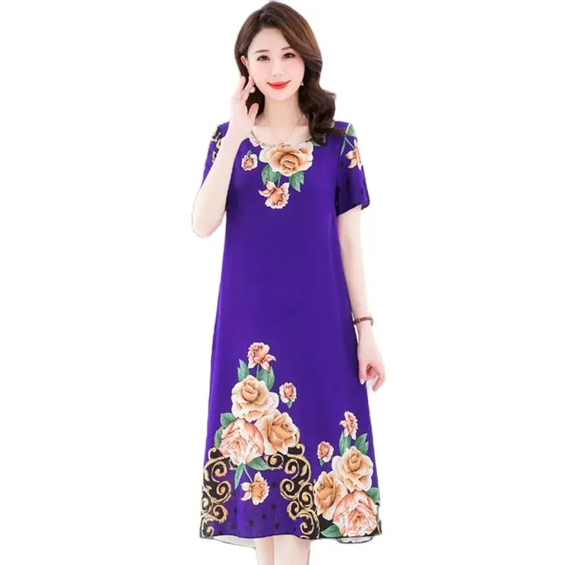 

Silk Dress Summer New Printed Short Sleeve A-Line Skirt Middle-aged Ladies Temperament Fashion Over-the-Knee Loose Long Skirt5XL