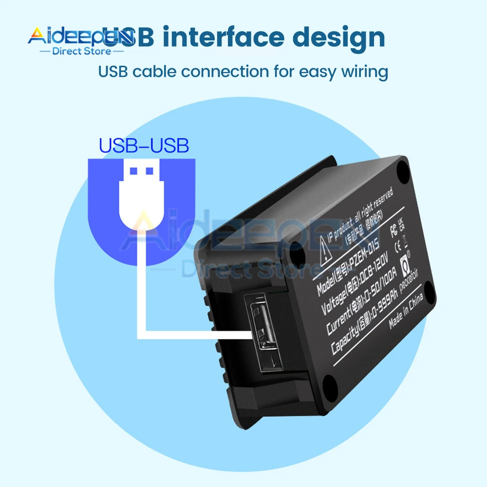PZEM-015 DC 8-120V 50A 100A Digital Battery Tester Ammeter Voltmeter Power Meter Power Capacity Impedance Residual Power Tester