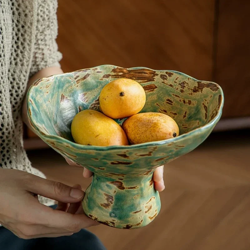 Vintage Wabi Sabi Style Irregular Ceramic Fruit Bowl Rough Pottery Pedestal Fruit Tray Home Tabletop Decor Display Ornament