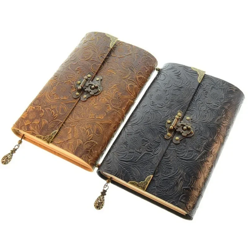 Embossed Pattern Soft Leather Travel Notebook with Lock and Key Diary Notepad Paper for Business Sketching Office Supplies Gift