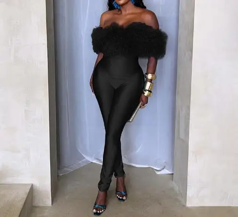 Tute da donna Autunno e inverno Tuta intera con spalle scoperte Collo in pelliccia Patchwork senza maniche Parte elastica Tuta Abbigliamento da donna