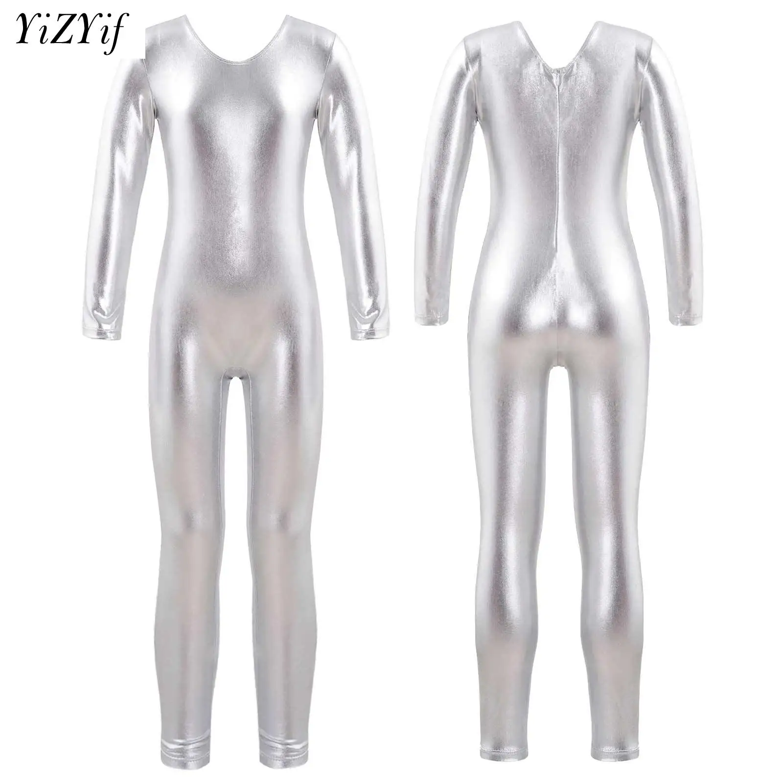 Kinder Mädchen Shiny Metallic Voller Bodysuit Einem Stück Langarm Overall Gymnastic Trikot Unitard Spandex Zentai Kostüm Dancewear