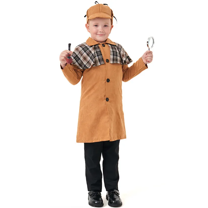 Boys Halloween Private Detective Costumes Kids Children Inspector Cosplay Carnival Purim Parade Stage Role Play Show Party Dress