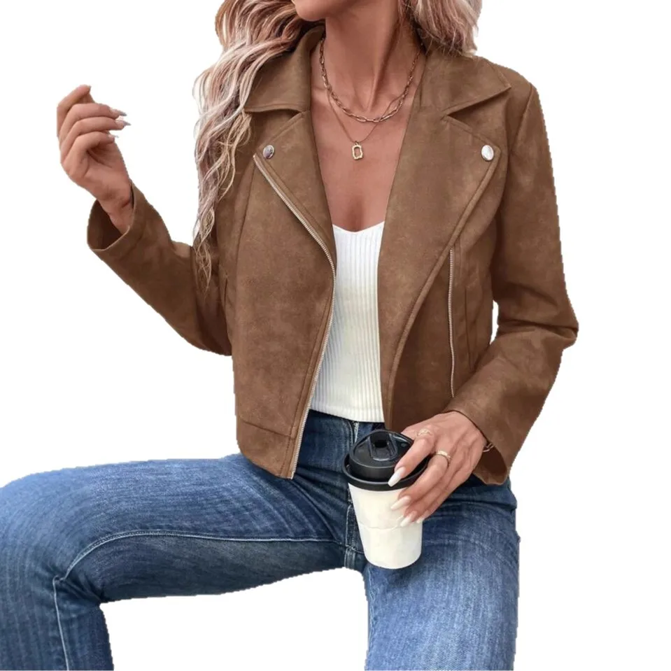 2026年レディースファッションフェイクスエードショートジャケットジッパー細身フィット防風保温質感多用途オフィス通勤カジュアルアウター