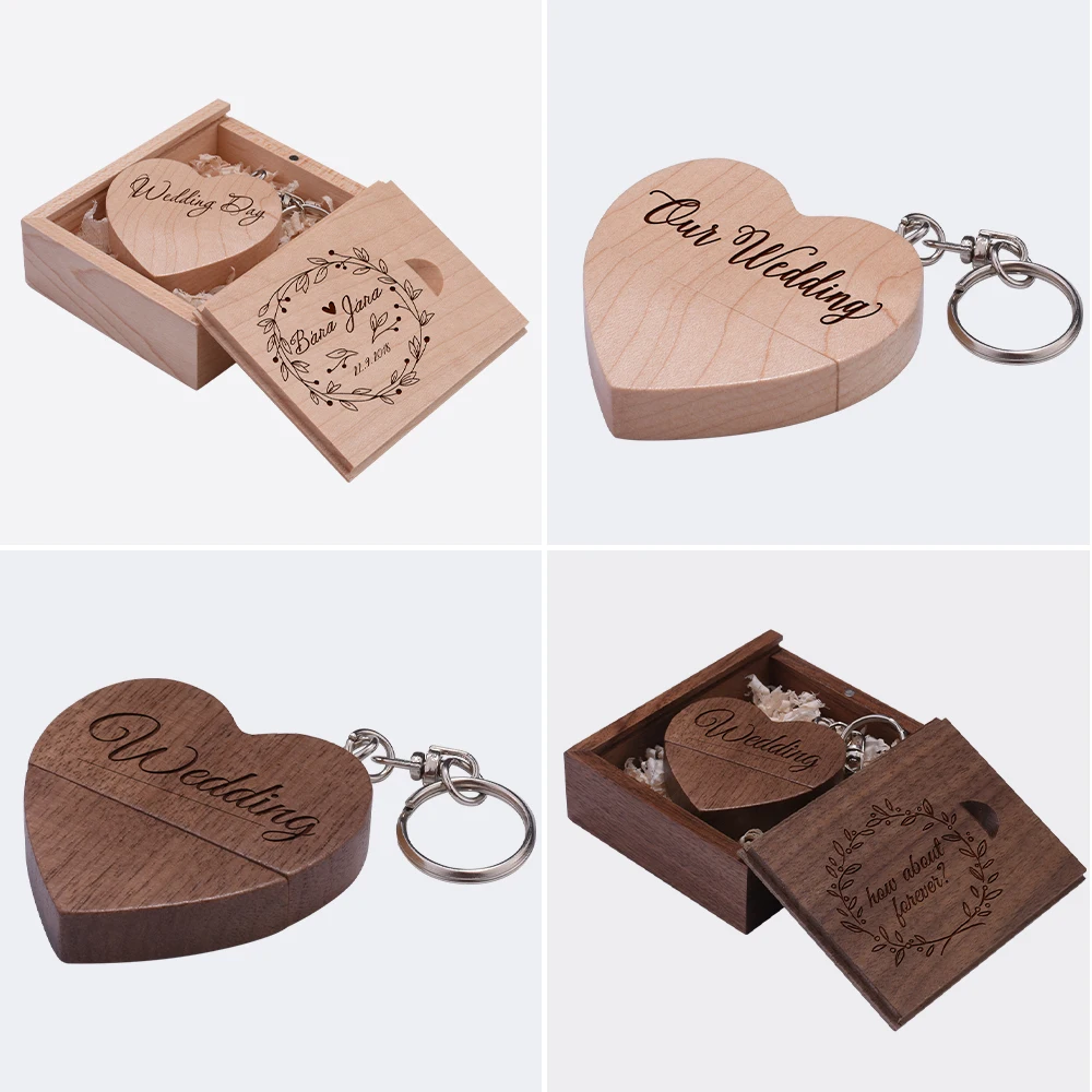 JASTER Free Custom Logo USB Flash Drive 128GB Wedding Gift Memory Stick 64GB Heart Pen Drive 32GB Wooden External Storage 16GB