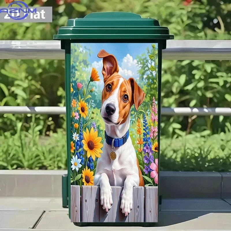 2D 1PC[ Flat Printing]1pc Trash Can Sticker[Title Translated, Do Not Change] Cute Dog Peeking Through Flowers Theme Design Wal