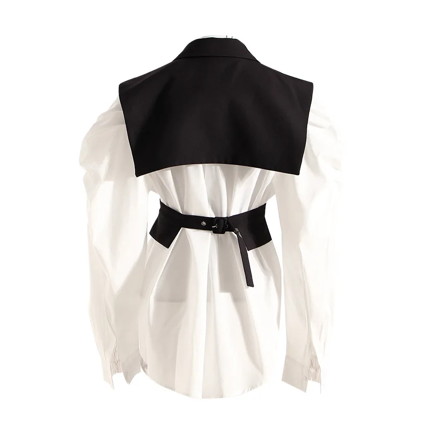 2025 Spring New Korean Style Temperament Suit Slimming Puff Sleeve White Shirt Waist Strap Vest Two-piece Suit