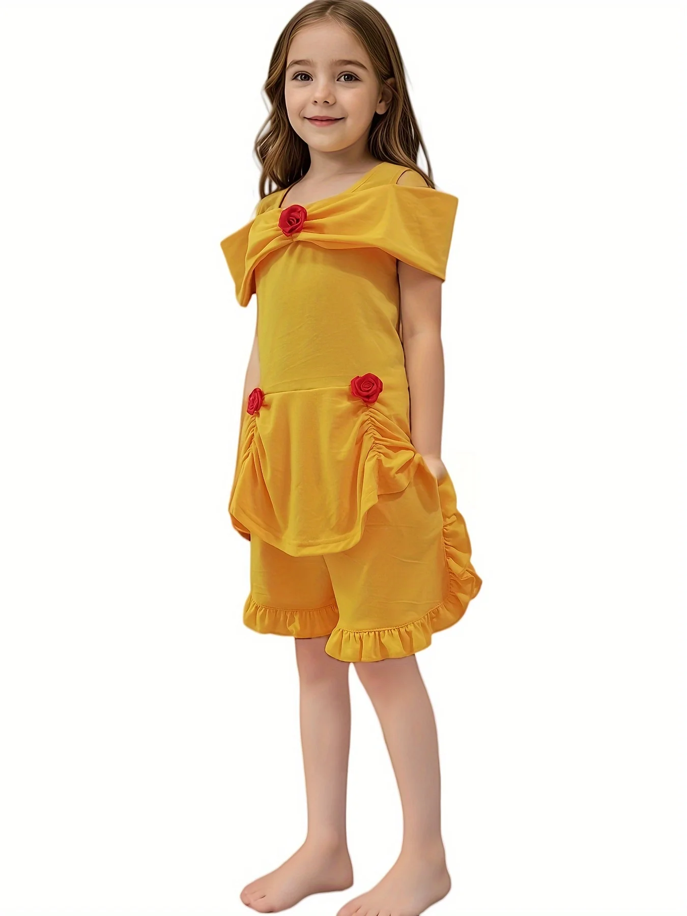 Cinderella Princess Girl 2pcs Clothing Sets Glass Slipper Princess Yellow Cute Ruffle Skirt Tops And Shorts With Pockets