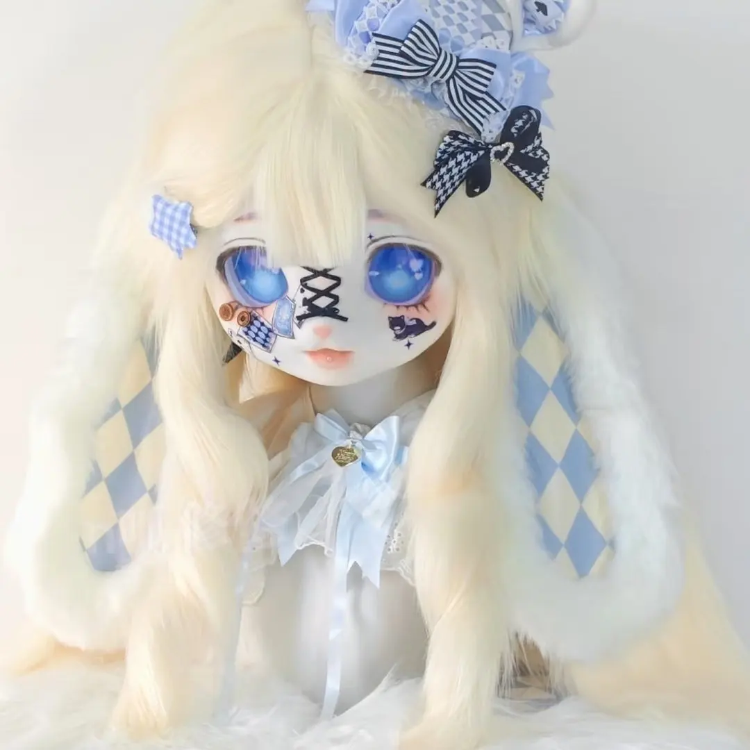 Cute Kig Headgear Fursuit Head Mask Plush Long Bunny Ears Blue Check Bow Headdress For Cosplay Photoshoot Halloween Party