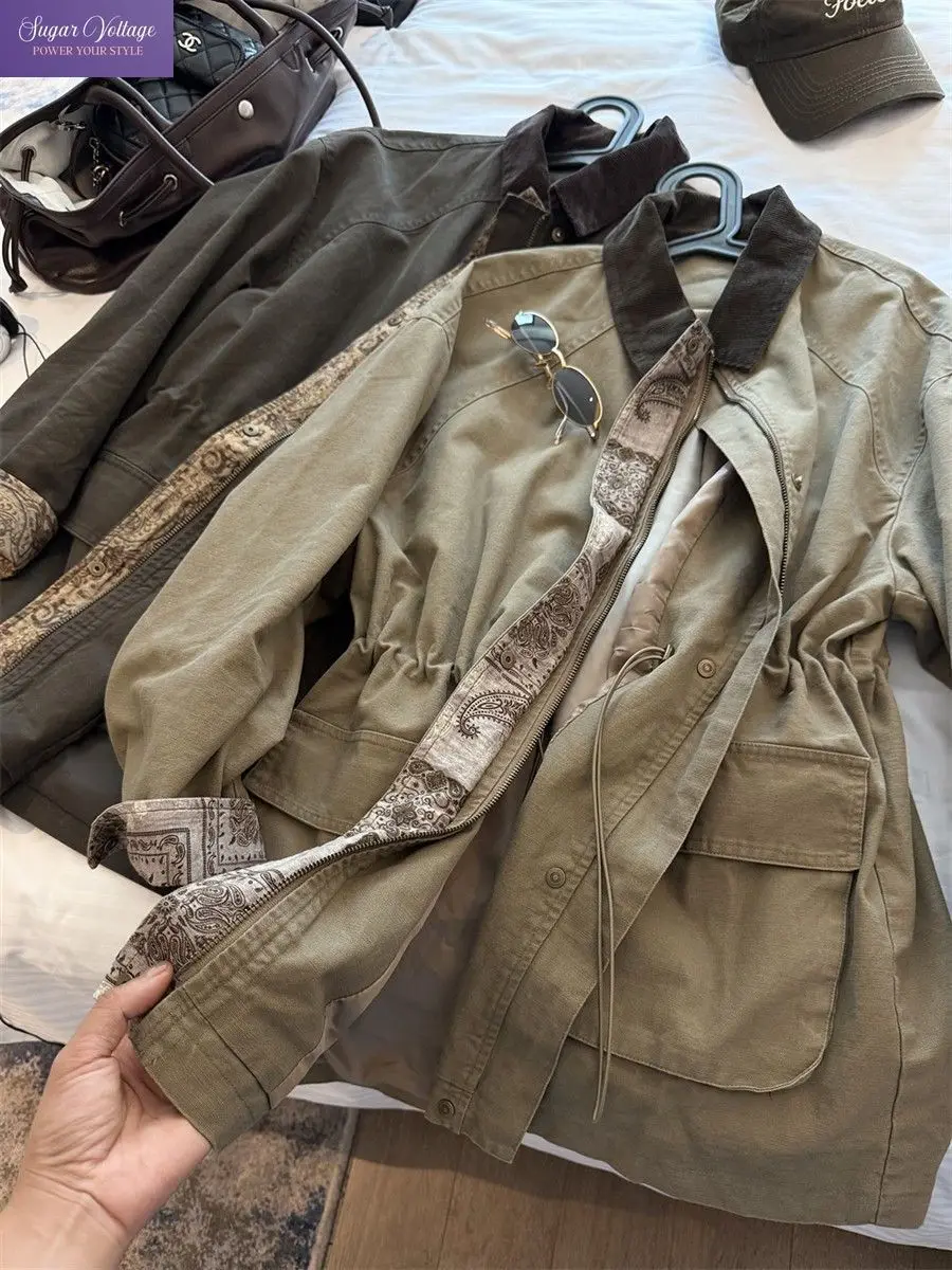 Barn Vintage Contrast Collar Cargo Jacket Women Fall Paisley Trim Drawstring Waist Loose Fit Coat Casual Streetwear Outerwear