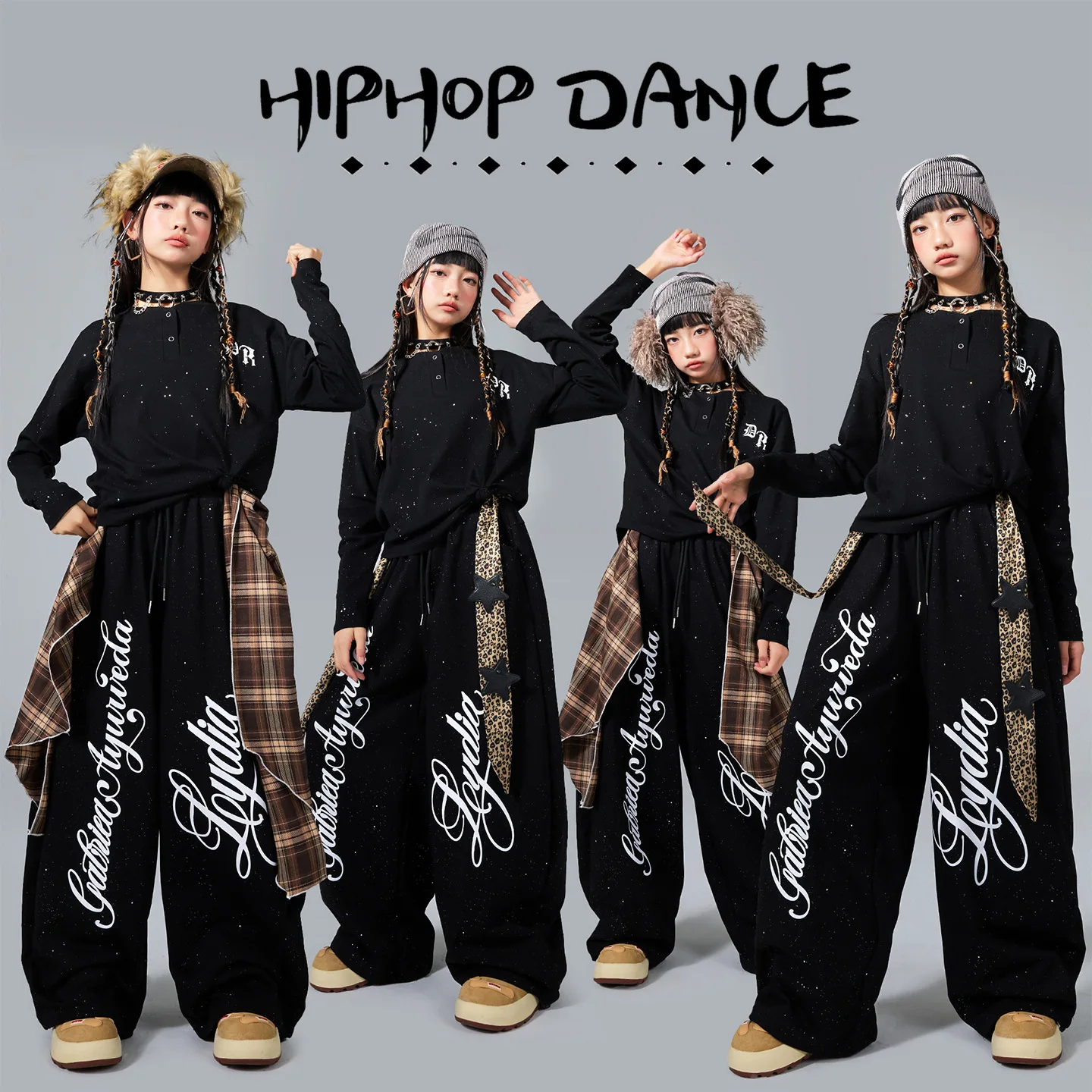 

Комплект одежды для девочек в стиле хип-хоп: укороченная куртка с пэчворком и надписями, джоггеры, детский костюм для K-pop и уличных танцев, уличная одежда для девочек-групп