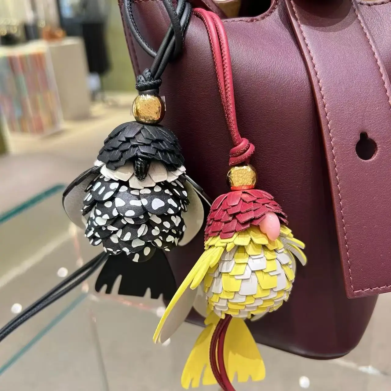 genuine-leather-parrot-bag-charm-yellow-black-bird-keychain-with-braided-rope-gold-ring-cute-animal-pendant-for-handbag