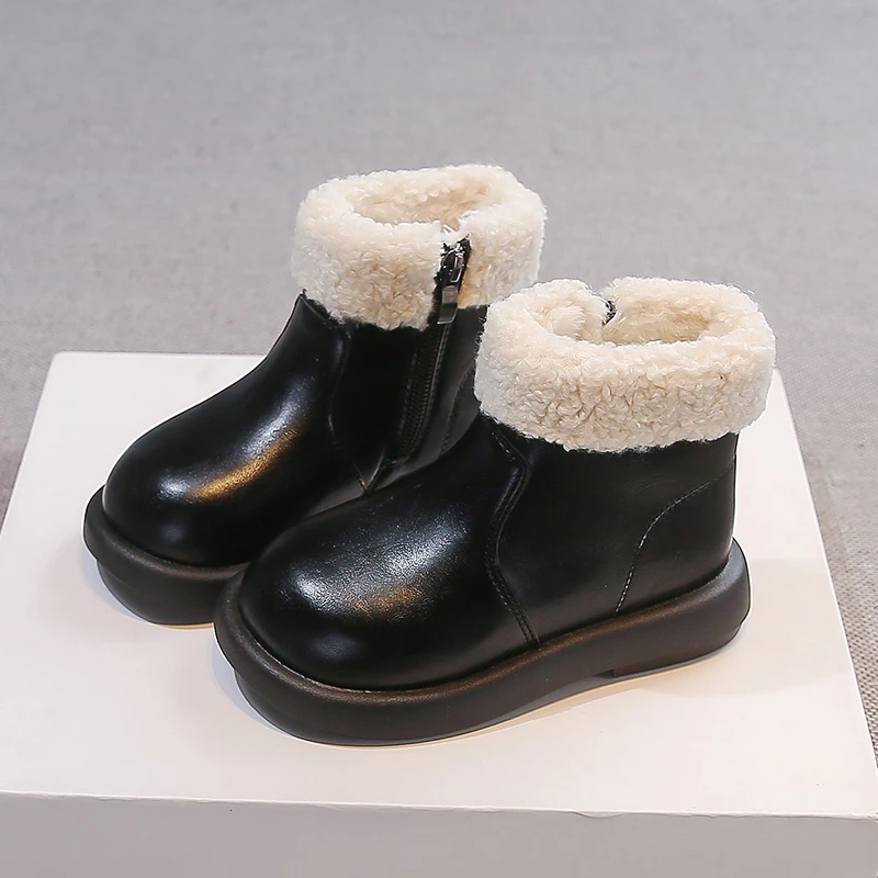 Toddler Little Girls Plush Faux Fur Trim Ankle Boots Back Zipper Non-Slip Thick Soft Sole for Winter Autumn Outdoor Daily Wear