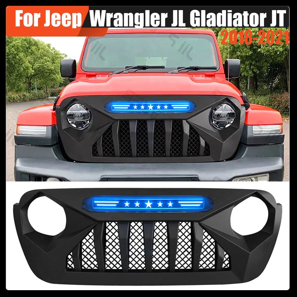 Front Grille Mesh Grill Racing Grills Offroad Bumper Grille With Light LED Factory For Jeep Wrangler JL Gladiator JT 2018-2021