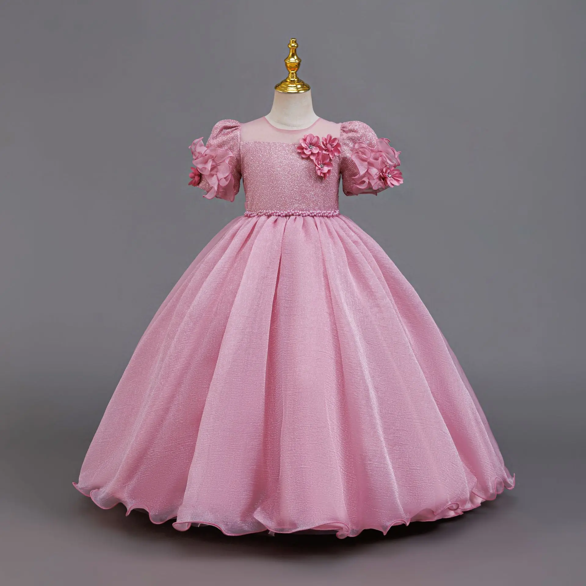 Girls Long Sequin Embroidered Princess Dress Children's Formal Wear with 3D Flower Design Show-Stopping Gown for Little Girls