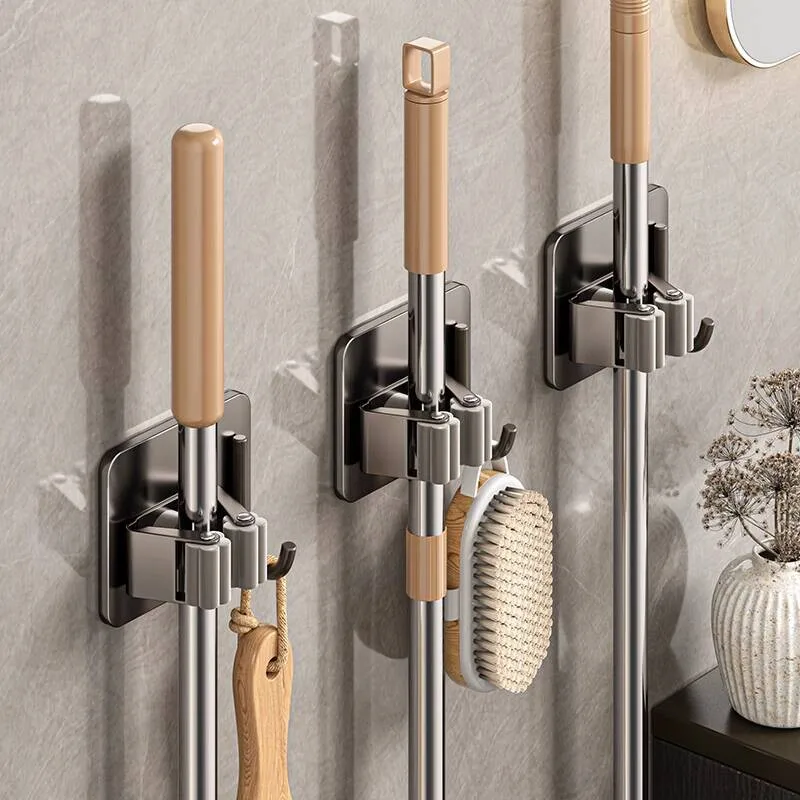 Bathroom Toilet Rack Wall-Mounted No-Drill Mop Broom Holder Fixed Clip Wall Storage