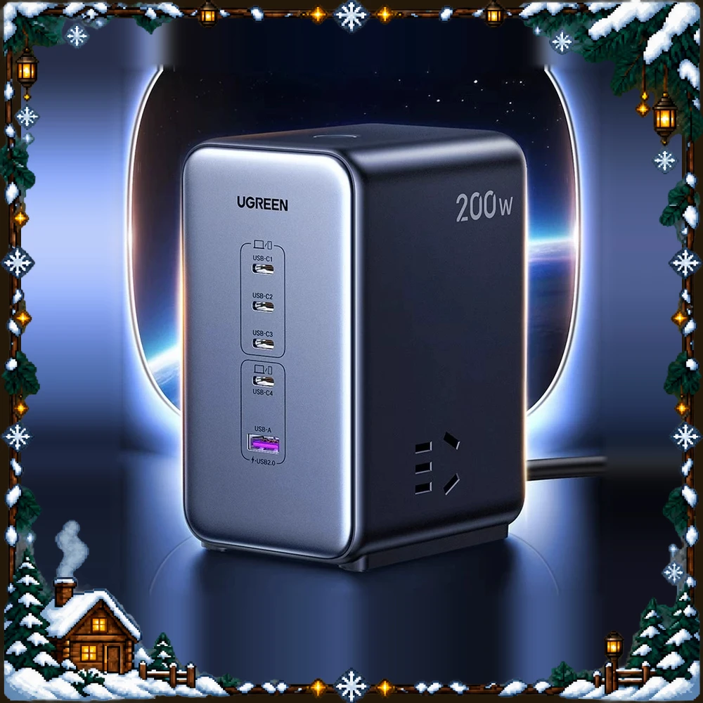 UGREEN 25767 GaN Charging Station 200W 4 USB-C USB-A 2 AC Outlets PD3.1 140W USB-C USB2.0 Hub for Laptop Phone Tablet