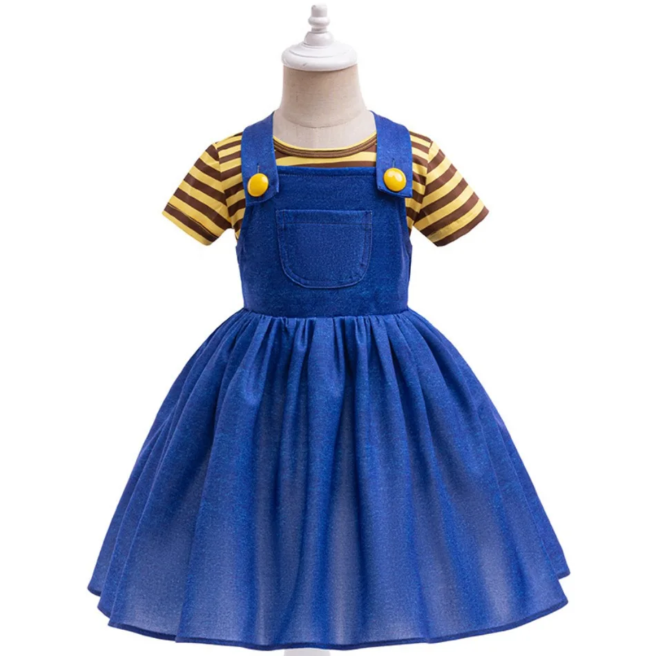 Yellow Short Sleeve Top Blue Glitter Suspender Tutu Dress 2pcs Girls Cartoon Cos Outfit Halloween Birthday Party Costume TAN06