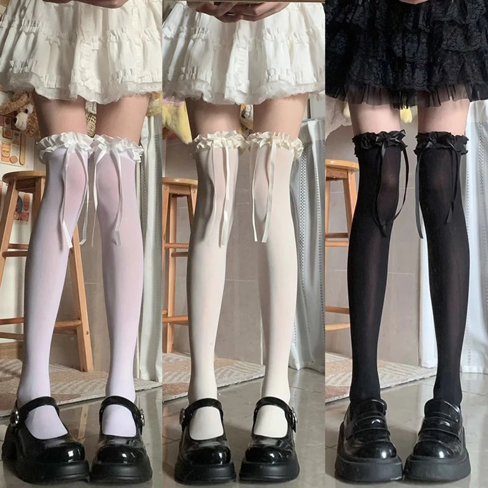 Women Thin Sheer Ruffle-edge Lace Long Socks JK Girl Sweet Thigh High Stockings Lolita Nylon Over Knee Cute Bow Knot Hosiery