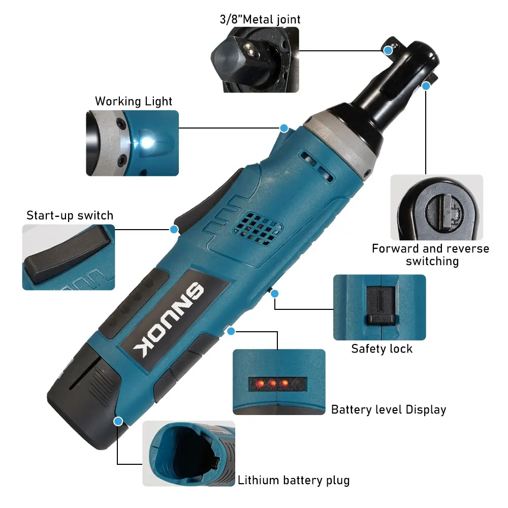 SUNOK 3/8'' Electric Ratchet Wrench with 2.0 Lithium Battery 500RPM Household Maintenance Stage Truss Tool For Bosch 12V Battery
