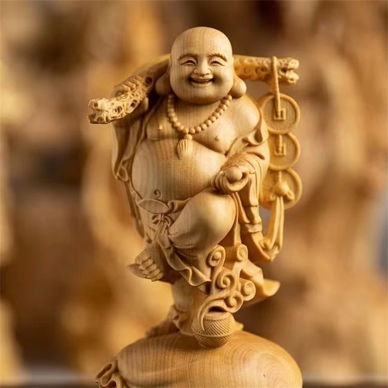 

Huangyang wood carved ornaments, copper coin lucky bags Maitreya Buddha, exquisite home auspicious handicraft decoration