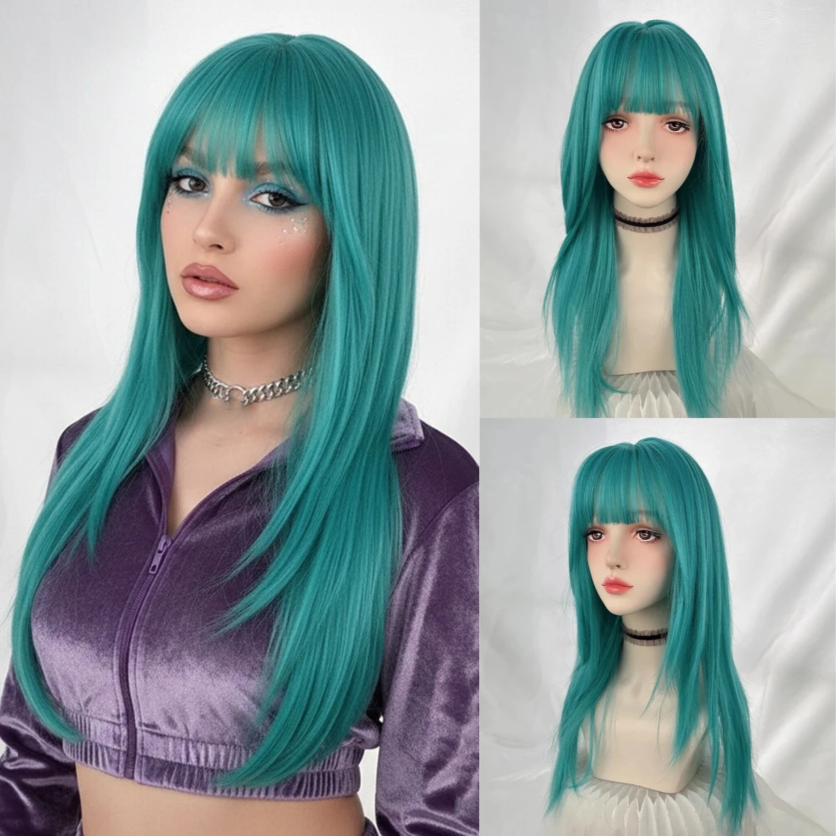 Green Blue Synthetic Long Straight Women Wig With Bangs Cosplay Fluffy Heat Resistant Wig For Daily Party