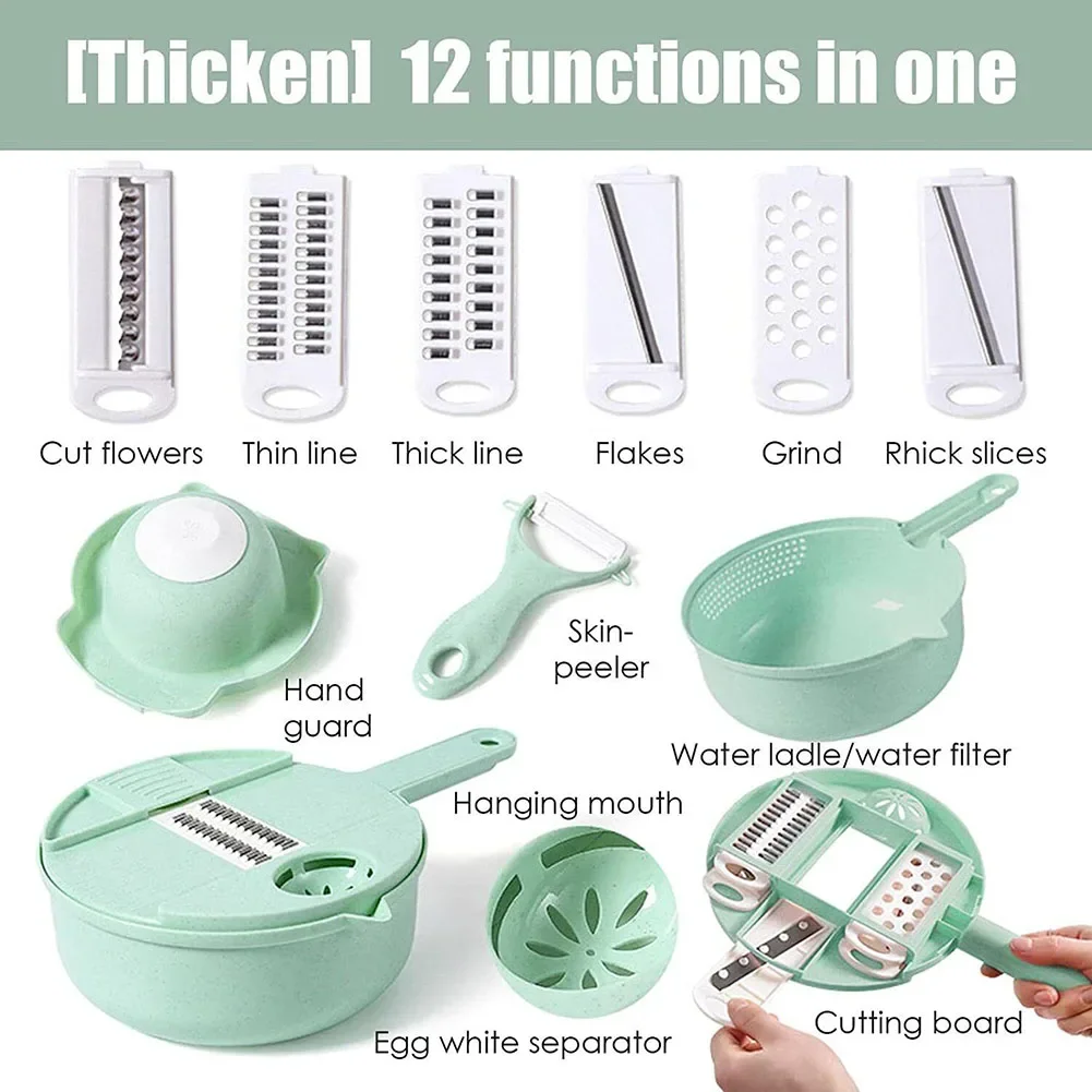 

12 In 1 Multi-Function Vegetable Grater Slicer Cutter Blades Container Food Vegetable Slicer Potato Grater With Drain Basket