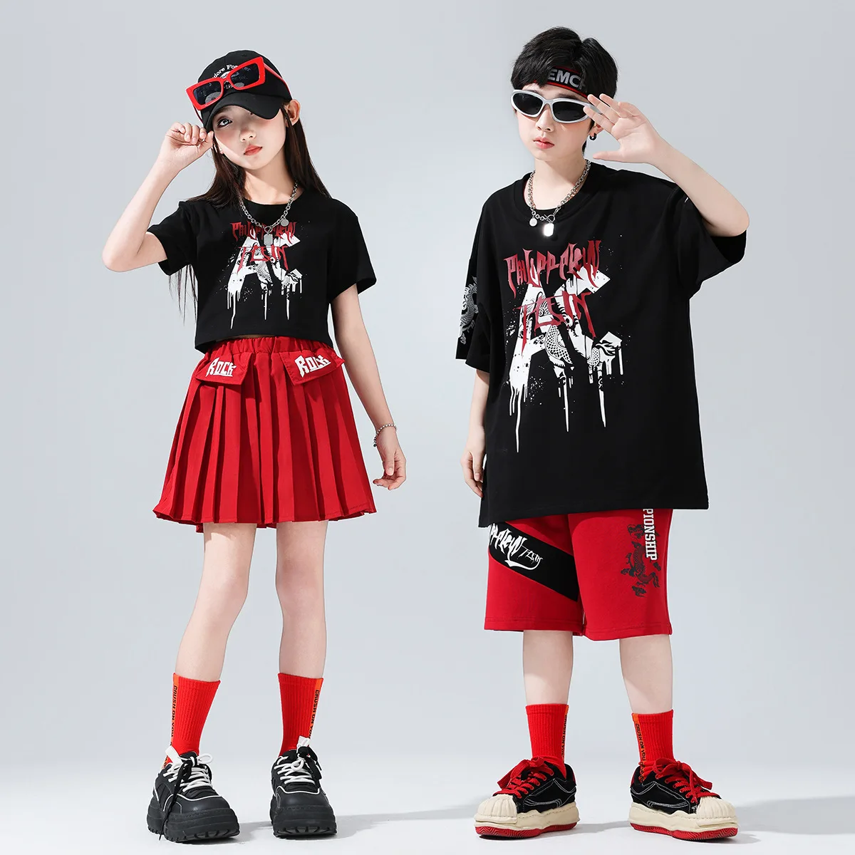 

Kid Kpop Hip Hop Clothing Black Crop Top T Shirt Red Summer Shorts Pleated Mini Skirt for Girl Boy Jazz Dance Costumes Clothes